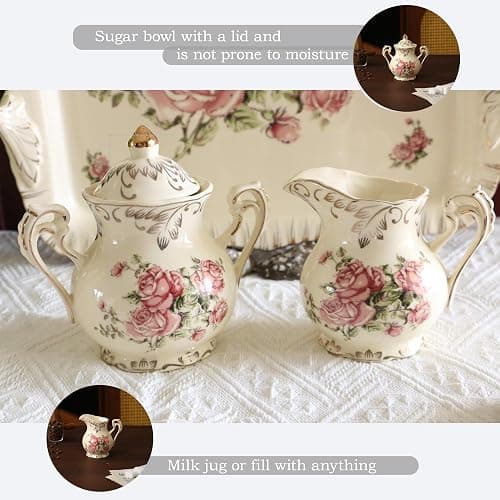 OptmAVth Ceramic Tea Set, 4 Cups and Spoons, One Sugar Bowl, One Milk Kettle, One Storage and Removeable Tray, for Home Party or Wedding Service, Pink Rose thumbnail 3