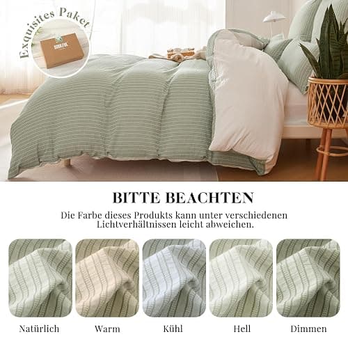 SOULFUL Bettwäsche 200x200 Baumwolle Gestreift, Jacquard Textur Bettwäsche-Set Enthält 1 Bettbezug 200x200 und 2 Kissenbezug 80x80, Bequem und Atmungsaktiv, Öko-Tex 100 Zertifiziert, Salbei Grün thumbnail 7