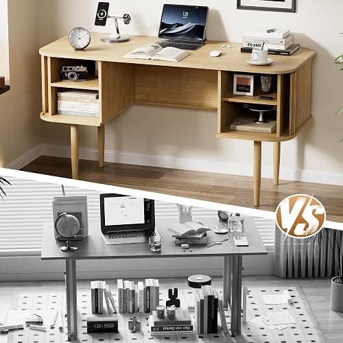 Furniway 55" Modern Writing Desk, Wood Home Office Desk, Natural | Sliding Door Storage, Computer Desk for Study, Bedroom, Living Room & Dorm thumbnail 4