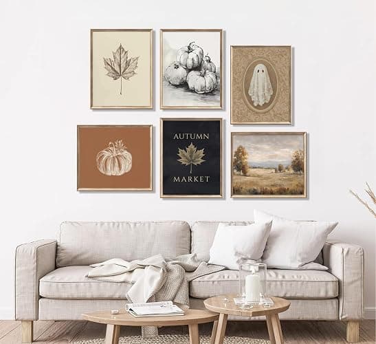 6Pcs Fall foison Pumpkin Wall Art Retro Country Autumn Maple Leaf Poster Prints Halloween Ghost Canvas Picture Wall Decor for Autumn Gallery Living Room Bedroom 8x10in Unframed thumbnail 4