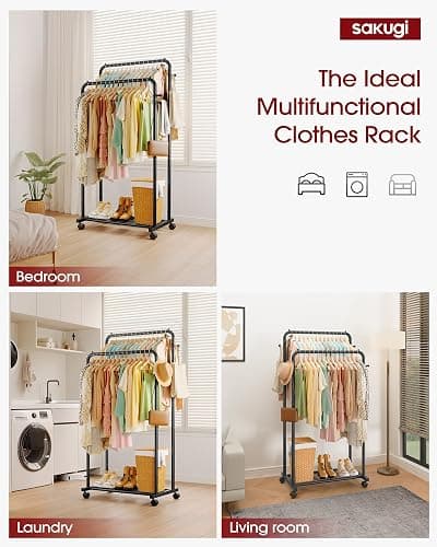 Sakugi Clothes Rack - Double Rods Clothing Rack with Mesh Shelf, Hooks & Wheels, Metal Clothing Racks for Hanging Clothes & Bags, Multifunctional Garment Rack for Laundry, Black, 28.7" x 16.5" x 59.1" thumbnail 4