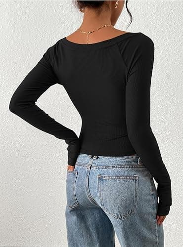 PRETTYGARDEN Long Sleeve Shirts for Women 2025 Fall Ruched Sides Boat Neck Basic Tee Casual Fitted Ribbed Knit Crop Tops thumbnail 5