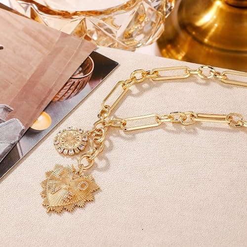 Sun Heart Charm Choker Necklace for Women Men,Golden Plated With Zircons Inlaid Pendants,Thick Chunky Paperclip Chain Hip Hop Necklace Unisex Jewelry,Cuban Link Chain for Women Trendy（Heart） thumbnail 4