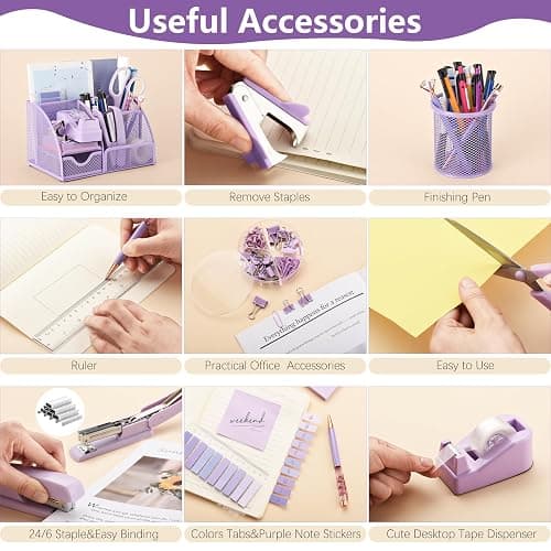 15 Pcs Purple Office Supplies Set Mesh Desk Organizer Accessories Kit Include Stapler Tape Dispenser Staple Remover Clips Ruler Scissors Sticky Notes for Office School Home Women (Purple) thumbnail 4