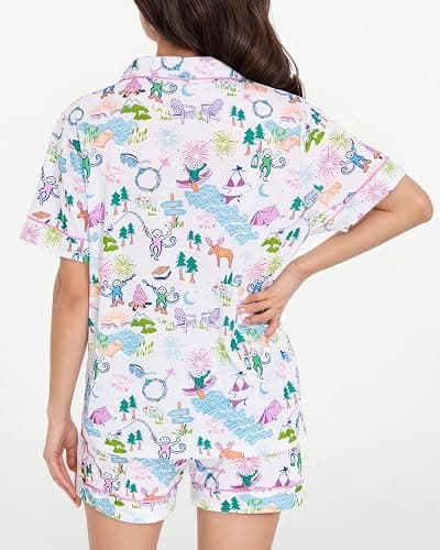 Zuafy Women's Pajamas Set Button Down Ladies Summer Pajamas Monkey Printed Sleepwear Short Sleeve 2 Pc Pjs for Birthday Gift thumbnail 5
