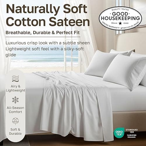 California Design Den Queen Sheet Set - Natural 100% Cotton Sheets Queen Size Bed Set with Deep Pockets, Soft Sateen Weave, Breathable and Durable Bedding (White) thumbnail 3