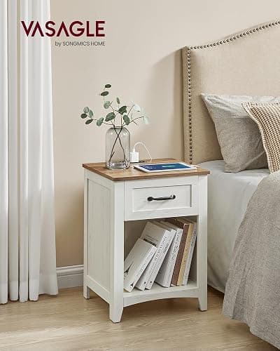 VASAGLE LIRY Collection - Farmhouse Nightstands with Charging Station, Set of 2 Bedside Tables, Side Tables with Drawer, Open Compartment, for Bedroom, Rustic White and Honey Brown ULET859K41 thumbnail 2