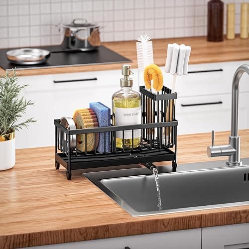 Cisily Sponge Holder for Kitchen Sink, Sink Caddy Organizer with High Brush Holder, Kitchen Countertop Organizers and Storage Essentials, Rustproof 304 Stainless Steel (Black, 9.25″) thumbnail 7
