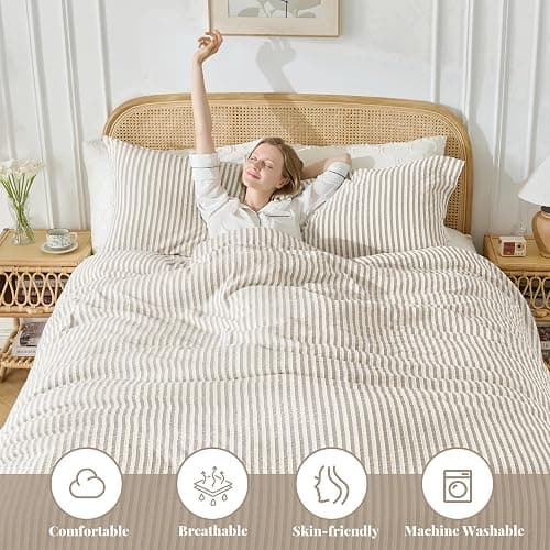 MILDLY Jacquard Stripe Duvet Cover - 100% Washed Cotton Light Khaki Boho Textured Comforter Cover 3pcs with Zipper Closure 90"x90" thumbnail 2