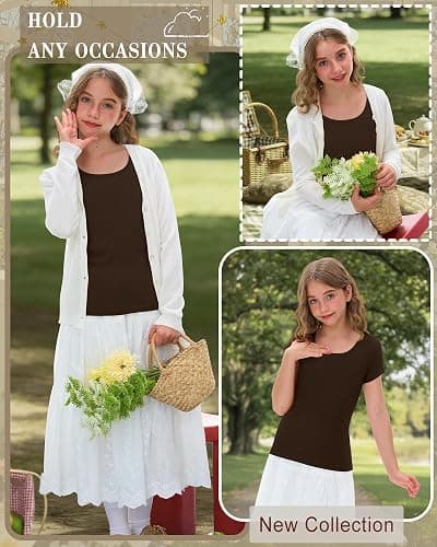Oakgarden Girls Cap Sleeve T-Shirts Kids Ribbed Knit U-Neck Tops Fitted Short Sleeve Shirts Cute Summer Basic Tees 5-14 Years thumbnail 6