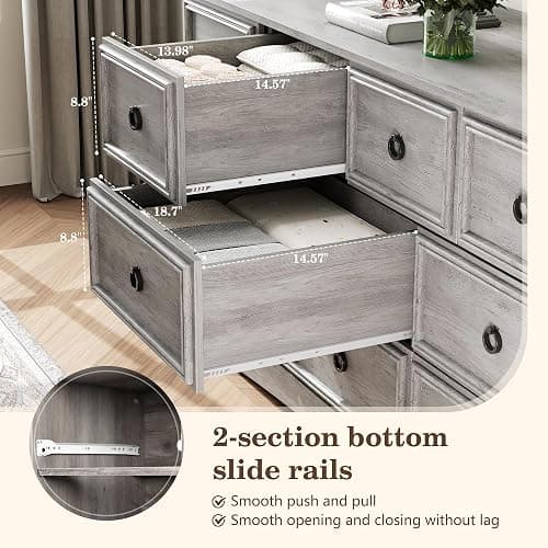 HolliWill Grey 10 Drawer Dresser, 59" Large Dresser for Bedroom, Wood Chests of Drawers with Textured Borders, TV Stand for 70 inch TV, Rustic Storage Dressers Organizer for Bedroom, Hallway thumbnail 6