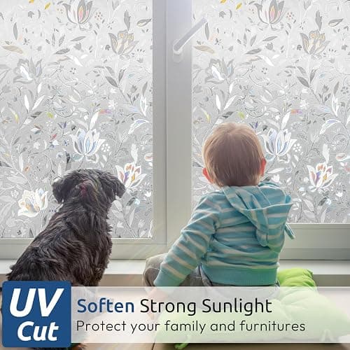 rabbitgoo Window Privacy Film, Decorative Stained Glass Window Film, Sun Blocking Glass Clings, Renter-Friendly Static Cling Frosted Sticker Covering for Home Door, Rainbow Tulip 35.4" x 78.7" thumbnail 2