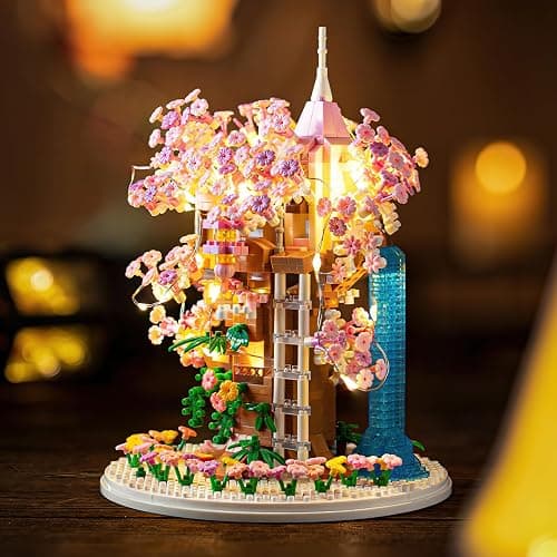 Insgen Cherry Blossom Bonsai Tree House Building Flowers Set for Adults, 1382 Pcs Micro-Particle Ideas Sakura Tree Building Blocks, Complete with String Lights, Dust Cover, and Wooden Base thumbnail 2