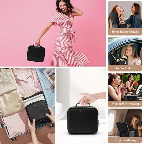 SJD Travel Makeup Bag with LED Mirror, Portable Cosmetic Case Organizer with Lighted Mirror, Waterproof Makeup Case for Cosmetic Brush Holder Storage, Black Toiletry Bag for Women Gift thumbnail 6