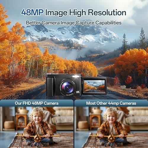 Digitalkamera 4K, 16X Autofokus Digitalzoom Kamera, 48MP 3 Zoll 180° Klappbarer LCD-Bildschirm HD Kompakte Vlog Kamera mit Ladestation, 2 Akkus, 32GB Karte, Geeignet für Anfänger, Kinder thumbnail 2