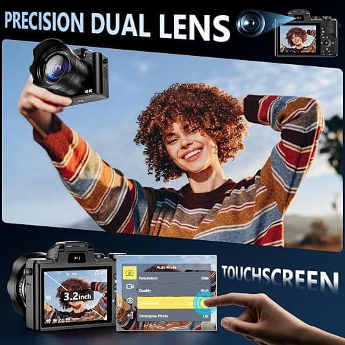8K 88MP Digital Camera WiFi Cameras for Photography with 3.2" Touchscreen | 16X Zoom, Autofocus, Professional Dual Camera, Anti-Shake, 2 Batteries & Charging Stand, 64GB Card, Flash, Lens Hood thumbnail 6