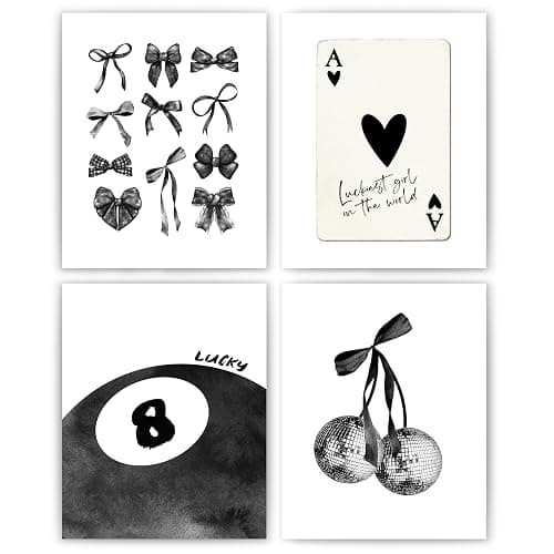 okaxscm Black Coquette Trendy Preppy Wall Art Prints Set of 4, Coquette Room Decor, Preppy Room Decor Aesthetic, Black Bow Disco 8 Ball Cherry Wall Decor Posters for Girls Bedroom Dorm, 8x10 Unframed - Image 1