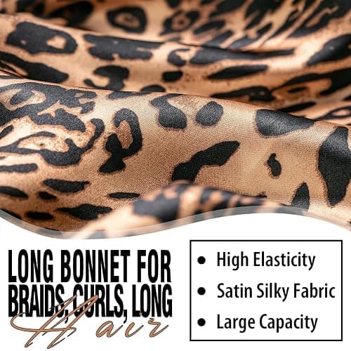 2Pcs Bonnets for Women Sleeping Braid Bonnet, Large Long Satin Silk Bonnet for Braids, Black Women Braid Bonnets with Stretchy Tie Band for Sleeping Extra Long (Pink & Leopard) thumbnail 4