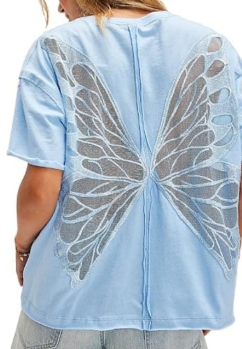 UAURORAO Women Butterfly Tee Top Short Sleeve Cut Out Back Sheer Tops Oversized Slouchy Crew Neck Embroidered T Shirts - Image 1