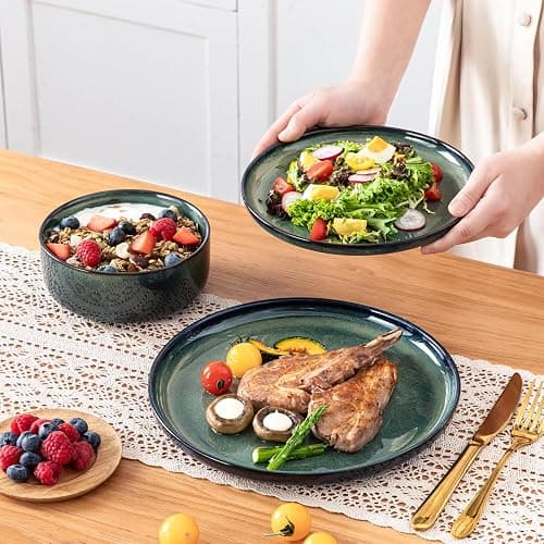 vancasso Starry 12 Pieces Dinnerware Sets for 4, Green Reactive Glaze Dishes Sets, Ceramic Plates and Bowls Set, Dinner Salad Dessert Plates, and Cereal Bowls Set, Dishwasher and Microwave Safe thumbnail 2