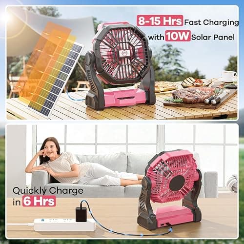 30000mAh Solar Fan with LED Lantern, 10W Solar Panel Rechargeable Battery Powered Camping Fan for Outside, 9 Inch Portable Battery Operated Hurricane Supplies for Picnic, Barbecue, Fishing, Travel thumbnail 2