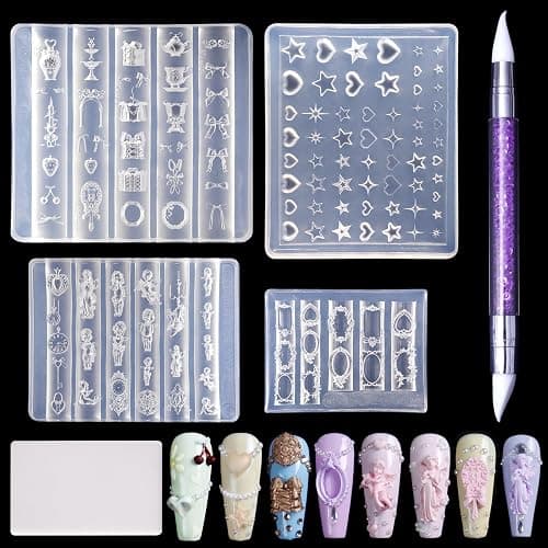 Laza 4pcs Rococo Silicone Nail Art Molds, Multiple Virgin Mary Nail Molds | Reusable Nail Molds for Nail Art, Good Elasticity, 3D Nail Mold, Mirror Frame, Heart, Bowknot Molds with Scraper & Pen - Image 1