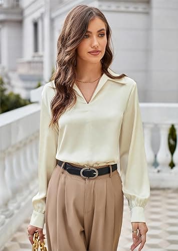 GRACE KARIN Women's Satin Silk Blouse Lapel V Neck Long Sleeve Casual Work Blouse Shirts Pullover Tops - Apricot - XX-Large thumbnail 2