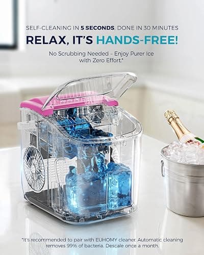 EUHOMY Countertop Ice Maker Machine with Handle, 26lbs Per Day, 9 Ice Cubes Ready in 6 Mins, Auto-Cleaning Portable Ice Maker with Basket and Scoop, for Home/Kitchen/Camping/RV (Pink) - ICE MACHINE - 11.57"D x 11.42"W x 8.74"H - Pink thumbnail 6