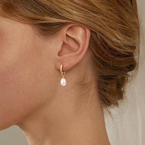 Robaice 14K Gold Plated Pearl Dangle Earrings for Women, Small Pearl Drop Huggie Hoop Earrings, Hypoallergenic Dainty Gold Wedding Earrings Jewelry Gifts for Women Trendy thumbnail 3