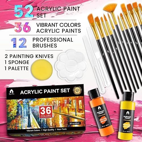 52 Pcs Acrylic Paint Set - 36 Colors (2oz/60ml) with 12 Brushes, 2 Knives & Palette - Rich Pigments for Adults, Kids, Artists & Beginners - Painting on Halloween Pumpkin Canvas Ceramic Rock Wood thumbnail 3