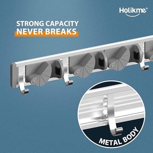 Holikme Mop Broom Holder Wall Mount Metal Pantry Organization and Storage Garden Kitchen Tool Organizer Wall Hanger for Home Goods (4 Positions with 4 Hooks, Silver) thumbnail 3