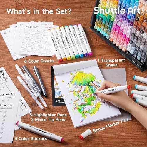 Shuttle Art 206 Colors Alcohol Markers, 204 Colors Dual Tip Art Marker Set Plus 2 Colorless Blender, Micro-tip Pens, White Highlighter Pens, Marker Bag Perfect for Students Adults Coloring thumbnail 4