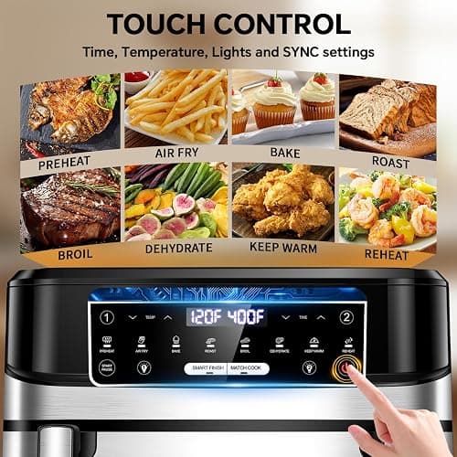 Emphsism 1600W Dual Zone Air Fryer Oven,12.69QT with Divider,Nonstick & Dishwasher-Safe Basket,Match Cook & Smart Finish to Roast,Recipes for Easy Cooking,Digital Touchscreen,Metal Sliver thumbnail 2