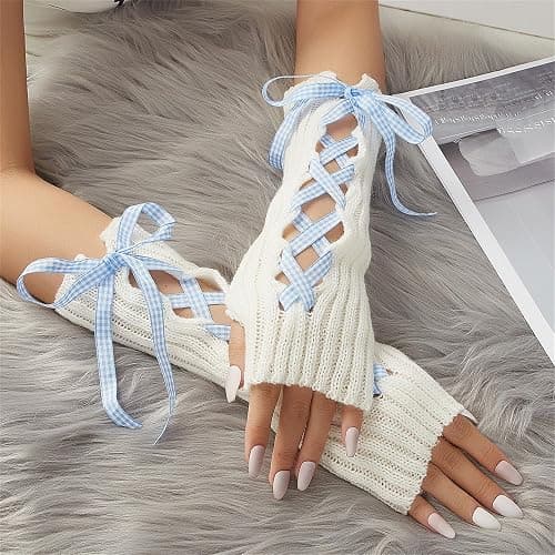 Instobig Women's Fairy Lace-up Fingerless Arm Warmers - Bow Thumb Hole Gloves, Goth Forearm Arm Sleeves Opera Dance thumbnail 3