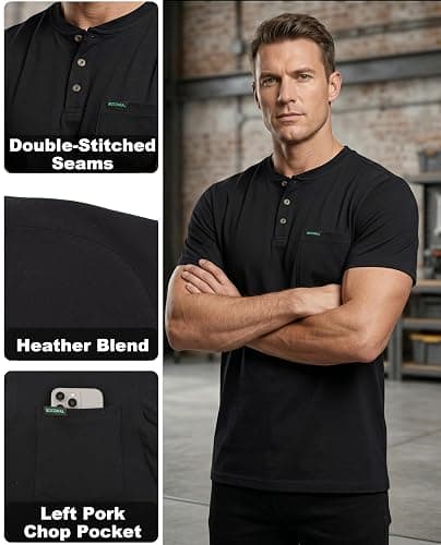 BOCOMAL Non FR - Men's Henley Work Shirts, Stretch-Cotton Relaxed Fit | 5.5oz Lightweight, EX-Soft, Breathable, Chest Pocket, Versatile Workwear - Ideal for Jobsite & Casual thumbnail 4