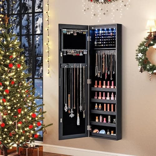Giantex Wall or Door Mounted Jewelry Cabinet with Full Length Mirror, Over The Door Jewelry Armoire Organizer with Lights, Large Storage with Necklace Hooks, Earring Slots & Shelves (Black) thumbnail 2