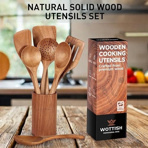 Wooden Spoons for Cooking - 8-Piece Wooden Kitchen Utensil Set made of Natural Solid Wood Material-Includes Spoons,Spatulas,Ladles,Mixing Spoon and Utensil Holder,Valentine's Day Gifts thumbnail 3
