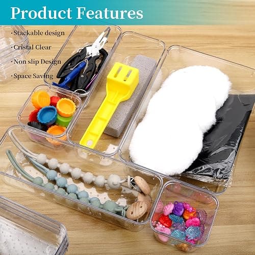 lovehai 7 Pcs Drawer Organiser Set, Makeup Organiser Tray for Drawers, Clear Cosmetics Container Tray for Office, Bedroom, Kitchen, Jewelries and Gadgets thumbnail 5