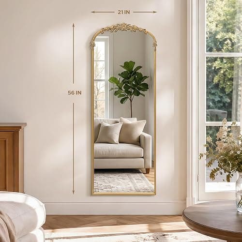 Micasso Gold Full Length Mirror: 21''x56'' Vintage Floor Long Body Mirror | Baroque Ornate Antique French Floral and Bird One Piece Carving for Bedroom/Cloakroom/Dressing Room - Ideal for Fashion Women thumbnail 2