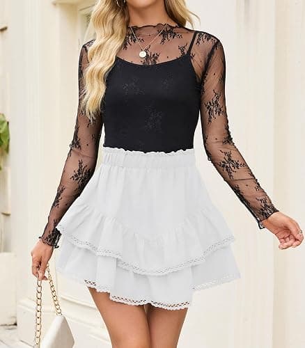 Flowy Shorts for Women Summer Casual Lace Skorts Boho High Waist Tiered Ruffle Mini Skirts thumbnail 2