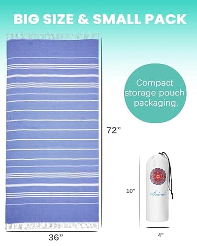 Turkish Beach Towels Vacation Essentials with Bag Quick Dry Sand Free Soft Absorbent Adult Bath Pool Swim Long Wide Stripe Towel Cloud Linen Sandfree Mat Summer Thing Lightweight Thin Travel Blue thumbnail 2