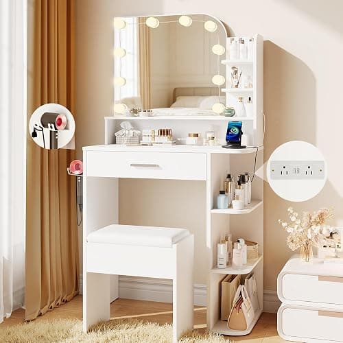 wanan Small Vanity, Set with Chair, Big Mirror & Lights, for Girls, White | Small footprint, huge storage, 14.2×26.5×54.4", 6 shelves+drawer, outlet+hairdryer rack, 10 bright bulbs, dimmable & memory - Image 1