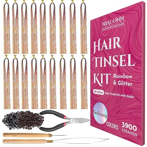 NIACONN Galaxy Glitter Hair Tinsel Extensions Kit with Tools and Beads, 48 Inch Sparkly Fairy Colorful Tensile Strands Shiny Hair Accessories for Women Girls Kids - Image 1