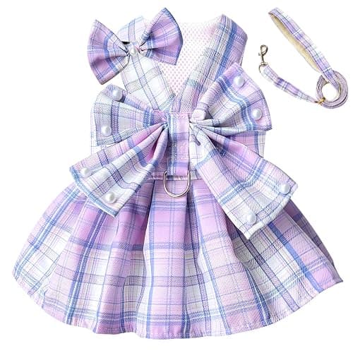 PETCARE Cute Dog Dress Clothes for Small Dogs Cats Girl Female Purple Plaid Bow Tie Dog Harness Dresses Leash Set with Pearls Bow Accessories Birthday Puppy Dress Shih Tzu Yorkies Chihuahua Outfits thumbnail 7