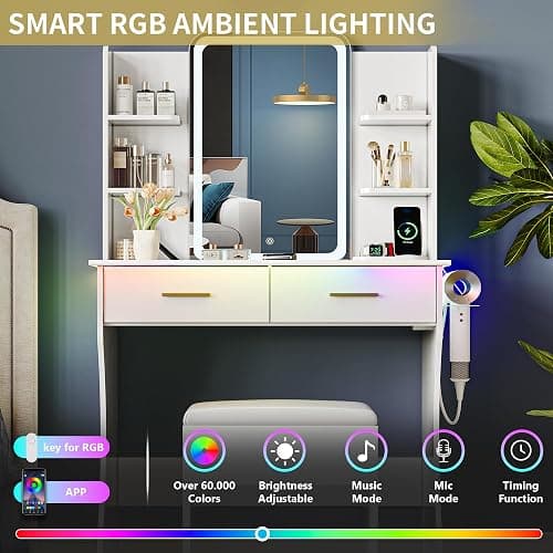 Vanity Desk with LED Lights Mirror & Power Outlet, Small Makeup Vanity Table Set with Storage Drawers & Chair, 3 Lighting Modes & Adjustable Brightness, Dressing Table for Women Girls Bedroom, White thumbnail 4