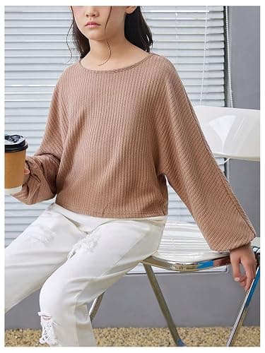 SweatyRocks Girl's Long Sleeve Ribbed T Shirt Round Neck Loose Pullover Tops thumbnail 6