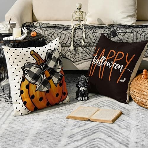 AVOIN colorlife Happy Halloween Cute Ghost Trick or Treat Throw Pillow Covers, 18 x 18 Inch Polka Dot Pumpkin Bat Cushion Case for Sofa Couch Set of 4, Black thumbnail 4