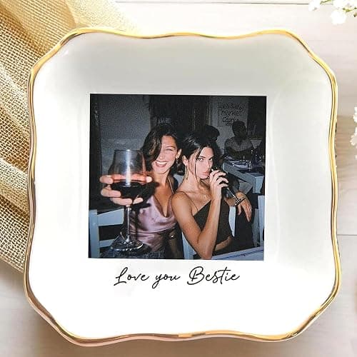 Hugsly Personalized Besties Photo Ring Dish, Custom Jewelry Dish Gift for Besties, Soul Sister Trinket Gift for Long Distance Friendship Women BFF Anniversary Birthday Wedding Gifts 1 - Image 1