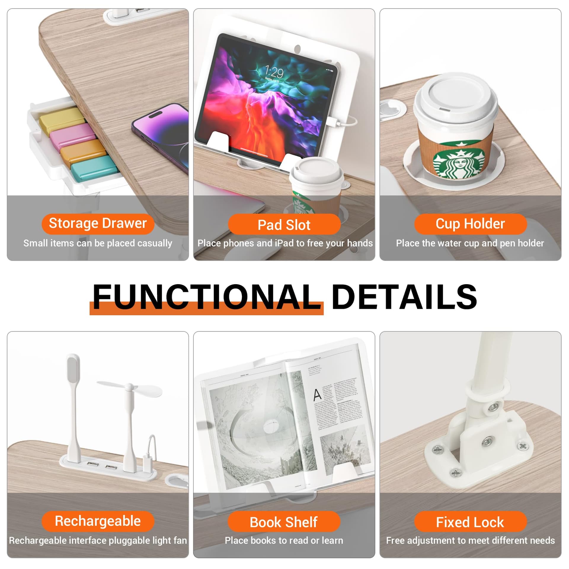 Laptop Desk for Bed Height Adjustable, Lap Bed Table with USB/Storage Drawer/Cup Holder/Tablet Stand/Book Shelf, Foldable Breakfast Tray Portable for Reading Writing, Sofa & Floor, Glacier thumbnail 5