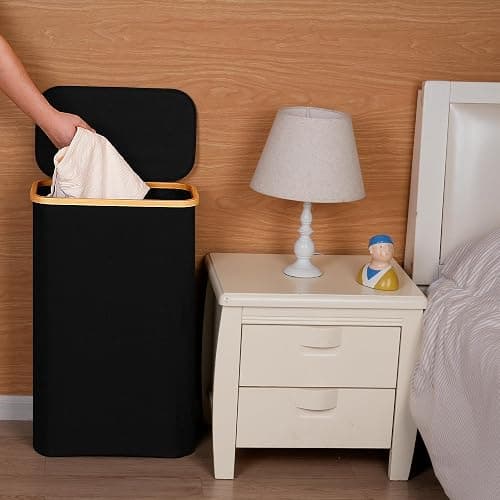 efluky Slim Laundry Basket with Lid, Narrow Laundry Hamper with Removable Bag, Skinny Dirty Clothes Basket with Bamboo Handles for Bathroom, Bedroom & Laundry Room, 75L Black thumbnail 2